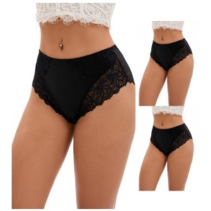INSPIRE CHIC 3 Pcs Women's Wide Lace Trim Mid-Waisted Underwear Full Coverage Comfortable Briefs - 1 of 4