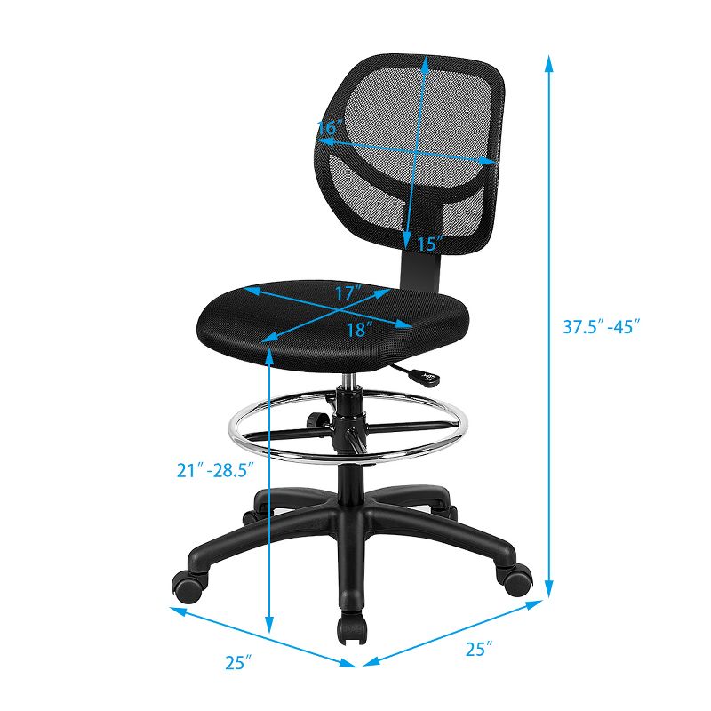 Mesh Drafting Chair Mid Back Office Chair Adjustable Height w/Footrest Armless, 3 of 11
