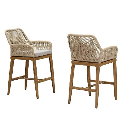 PURPLE LEAF Outdoor Rattan Bar Stools Set of 2 Modern Boho Aluminum Patio Bar Height Chair with Cushion for Garden Outdoor and Indoor