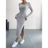 Women's Round Neck Slim Fit Ribbed Maxi Dress Long Sleeve Bodycon Side Slit Dress - 3 of 4