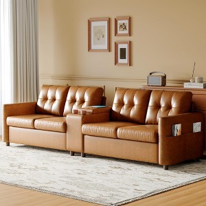 115" Faux Leather Sectional Sofa with USB, Wireless Charging, Cup Holders & Storage Console, Deep Seat Couch, Brown - 1 of 4