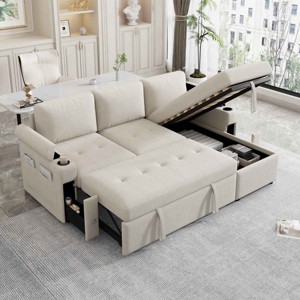L-Shaped Sofa Bed with Reversible Chaise, Sofa with Pull-Out Sleepers and Storage Drawers, Chenille Sofa with Plywood Frame-Coolbibila - 1 of 4