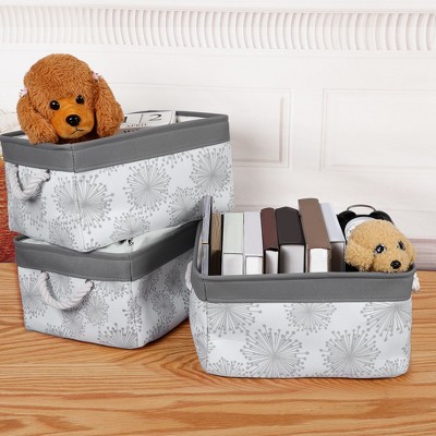 3 Pcs 16" x 12.2" x 8.3" Cotton Foldable Gypsophila Pattern with Handles Storage Bin Box Gray  - PiccoCasa