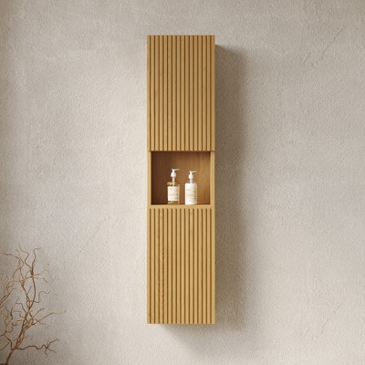 VYNXARIA 59" Tall Wall-Mounted Storage Cabinet for Small Spaces in Corolla Oak Finish.