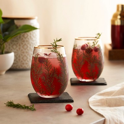 Winter Woodland Stemless Wine Glasses with Gold Rim, 16oz, Set of 2