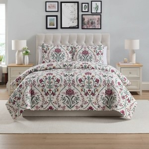 VCNY 3pc Full/Queen Home Province Coconut Milk Floral Damask Printed Quilt Bedding Set Cream - 1 of 4