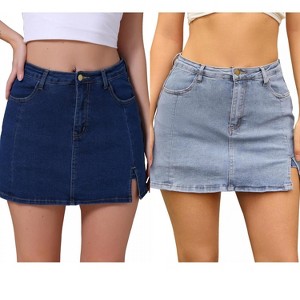 INSPIRE CHIC Women's Jean Side Slit High Waisted A-Line Stretch Mini Denim Skirts 2 Packs - 1 of 4
