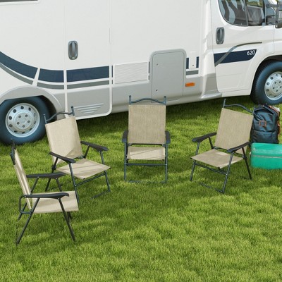 Beige Folding Camping Chairs with Armrests, Set of 4