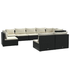 vidaXL 9-Piece Black Poly Rattan Outdoor Patio Lounge Set - Weather-Resistant Garden Sofa with Cream Cushions and Modular Design - 1 of 4