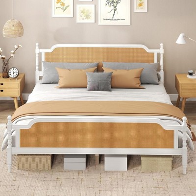 PDTEND Platform Bed Frame with Natural Rattan Headboard & Footboard – Bohemian Mid-Century Design, Solid Pine Wood