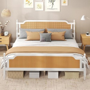 PDTEND Platform Bed Frame with Natural Rattan Headboard & Footboard – Bohemian Mid-Century Design, Solid Pine Wood - 1 of 4