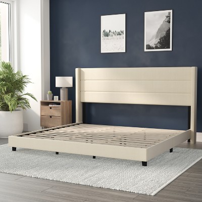 Hollis King-Sized Beige Faux Linen Upholstered Platform Bed with Wingback Headboard