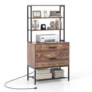 Tangkula File Cabinet w/ Charging Station 3-Tier Open Shelves & Large Drawer Compatible Rustic Brown - 1 of 4