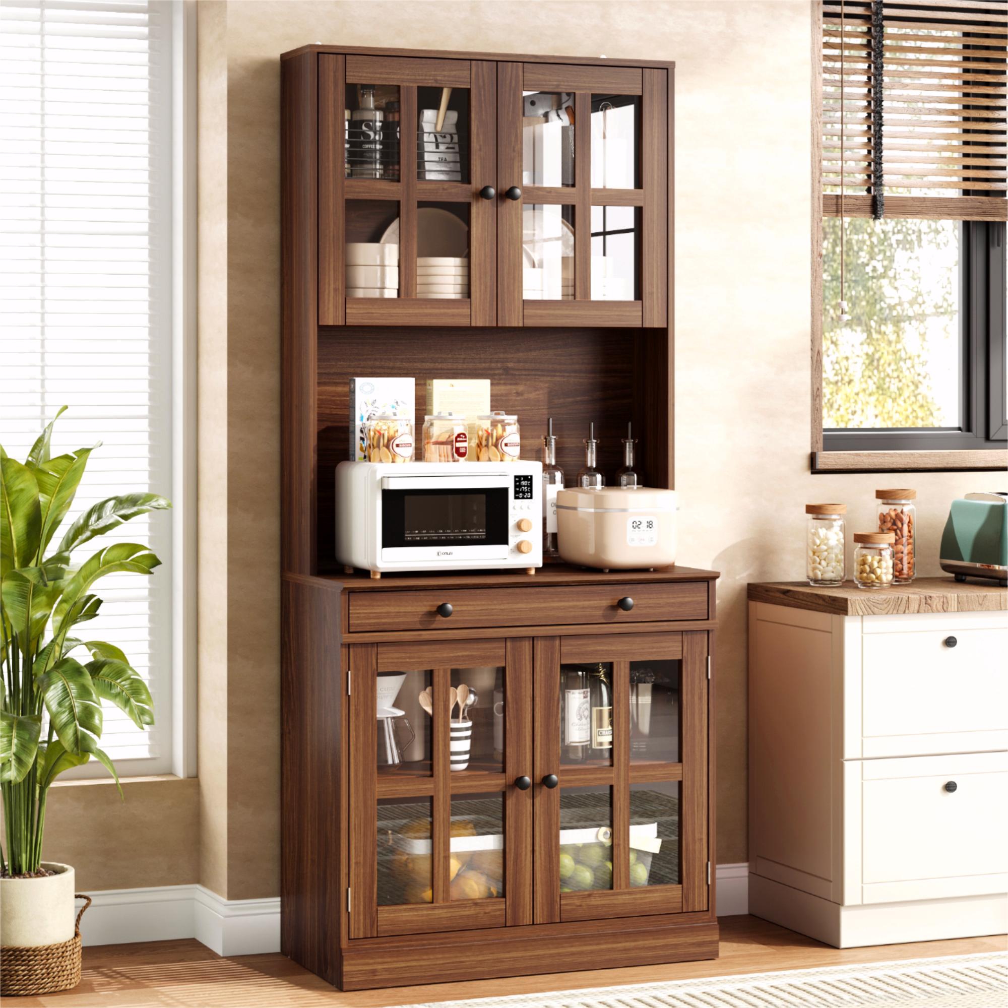 Garvee 72 Inch Kitchen Pantry Cabinet with Glass Doors, Drawer and Adjustable Shelves , Coffee Bar Cabinet with Open Countertop