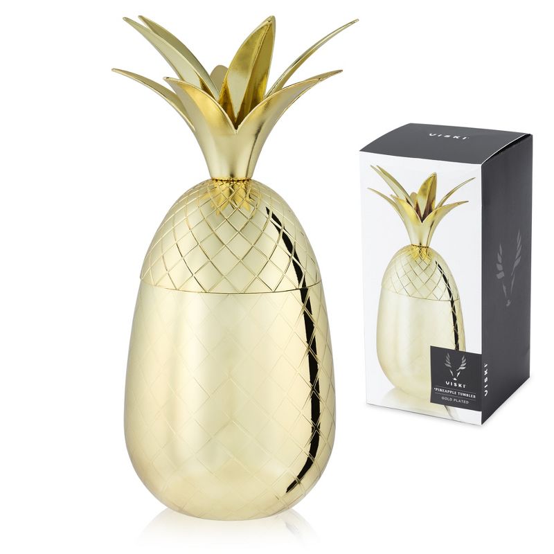 Viski Gold Pineapple Tumbler with Lid for Mai Tais, Tiki Drinks, and Craft Cocktails, Stainless Steel with Gold Plating, 16 Oz Set of 1, 1 of 8