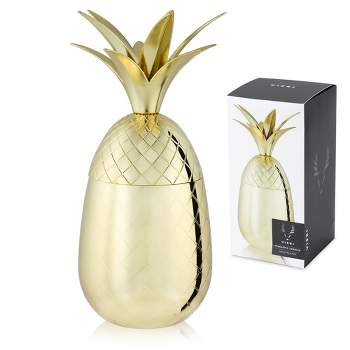 Viski Gold Pineapple Tumbler with Lid for Mai Tais, Tiki Drinks, and Craft Cocktails, Stainless Steel with Gold Plating, 16 Oz Set of 1