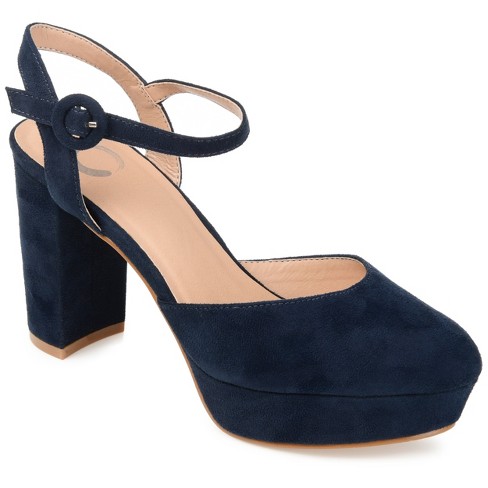 Journee Collection Womens Roslynn Almond Toe High Block Heel Pumps Navy 8.5