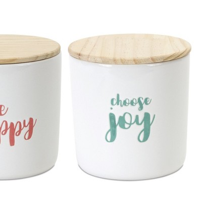 White Ceramic Sentiment Canisters with Wooden Lids, Set of 2
