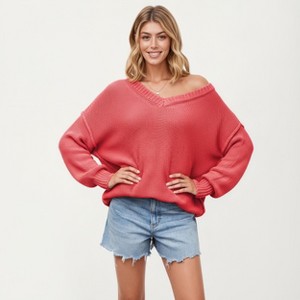 Anna-Kaci Women's V-Neck Relaxed Fit Knit Sweater with Long Sleeves - 1 of 4