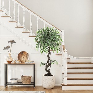 Garvee Artificial Ficus Tree,Faux Floor Tree White Imitation Ceramic Planter,Indoor Outdoor Lifelike Fake Ficus Tree with Pebbles&Green Fake Moss - 1 of 4