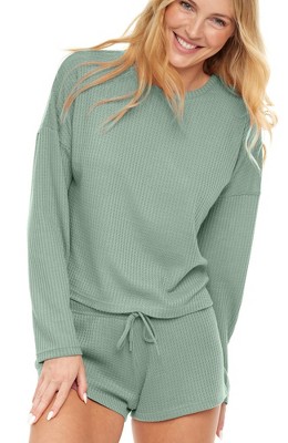 Adr Women's Ribbed Knit Pajamas Set, Long Sleeve Top And Pajama Thermal  Underwear Shorts Sage Medium : Target