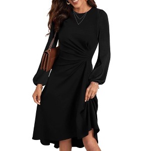 Women's Long Sleeve Ruched Waist Flowy A Line High Low Midi Cocktail Party Dress - 1 of 4