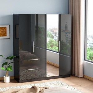 VINGLI 63" W x 73" H High Gloss Wardrobe Closet with Mirror, 4 Doors Armoire Wardrobe Closet Cabinet with Drawers and Hanging Rod, Modern Black - 1 of 4
