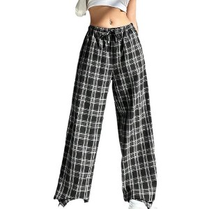 Coolmee Women's Plaid Checkered Wide Leg Pants Gingham Drawstring Elastic Waist Pajama Lounge Trousers with Pockets - 1 of 4