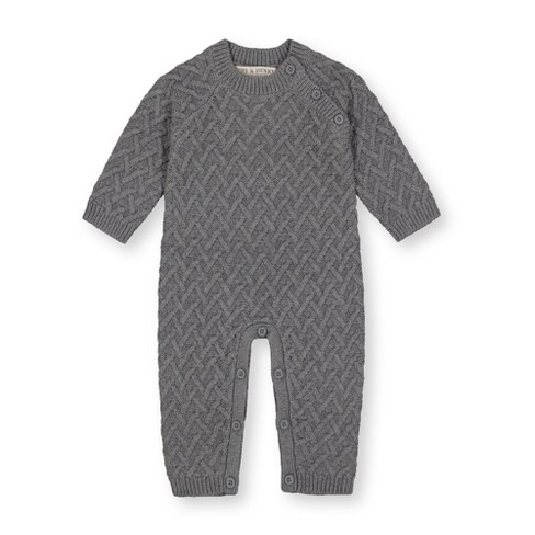 Hope & Henry Baby Cable Knit Sweater Romper (Dark Gray Heather Herringbone,  3-6 Months)