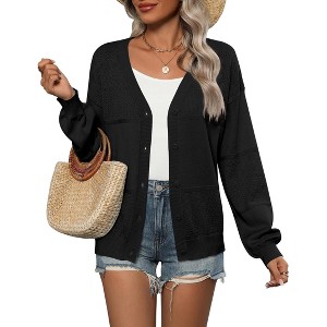 Womens Cardigan Casual Long Sleeve Lightweight Crochet Shrug V Neck Tops Button Down Soft Knit Sweater - 1 of 4