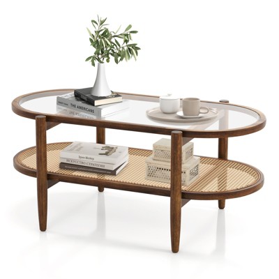 Tangkula 2-Tier Acacia Wood Coffee Table Mid-Century Modern Rectangular Center Table with Glass Tabletop and Imitation Rattan Storage Shelf