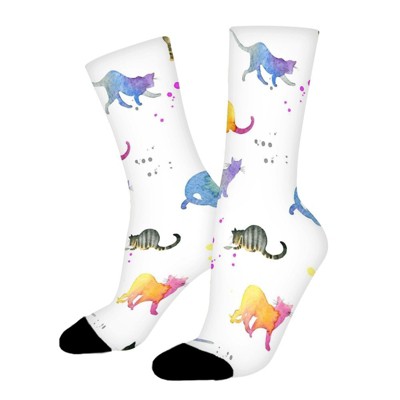 Cat Watercolor Women Printed Crew Socks Funny Funky Socks Soft Polyester Novelty Gifts for Artists Men