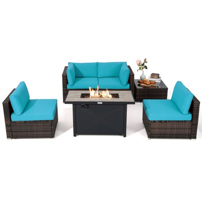 Tangkula 6 Pieces Outdoor PE Rattan Wicker Sectional Sofa with 42" 60,000 BTU Gas Fire Pit Table, Patio Conversation Set with Tempered Glass Coffee Table Black/Navy Blue/Red/Turquoise/Off White