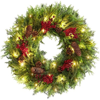 Christmas Wreath with LED Lights, 22 Inch Pre-lit Artificial Christmas Wreaths with Pine Cone, Red Berries, for Windows, Wall, Mantel Front Door