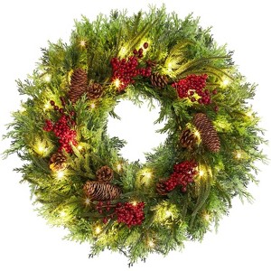 Christmas Wreath with LED Lights, 22 Inch Pre-lit Artificial Christmas Wreaths with Pine Cone, Red Berries, for Windows, Wall, Mantel Front Door - 1 of 4