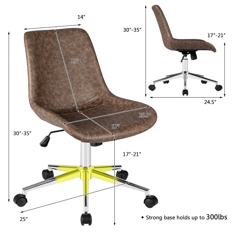 Costway Mid Back Office Chair Armless Adjustable PU Leather Task Swivel Chair, 3 of 11