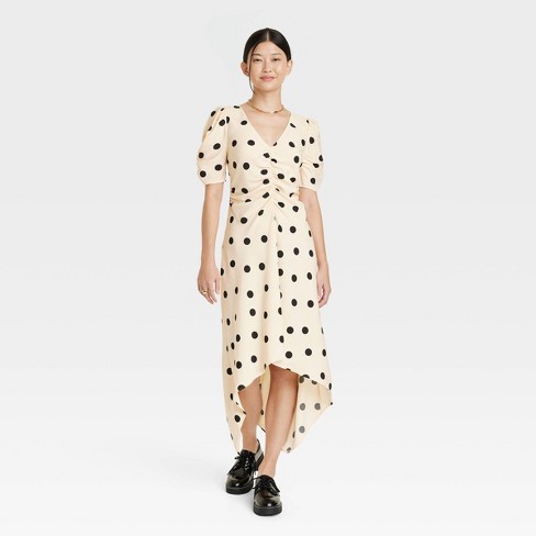 Women's Crepe Short Sleeve Midi Dress - A New Day™ Beige Polka