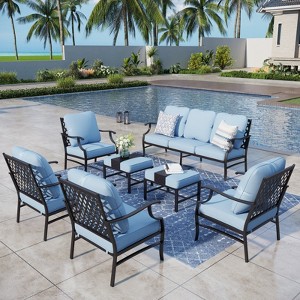 Captiva Designs 7pc Metal Patio Outdoor Conversation Set with Grid-back Armchairs, Ottomans for Garden, Poolside, Backyard - 1 of 4