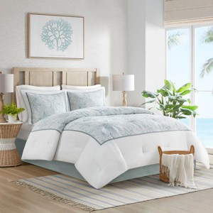 Sapphtopaz 4 Piece Comforter Set Ocean Style Cotton Fresh Simple Seafoam Seashell Embroidered Details Cotton Oversized Quilt Set, White - 1 of 4