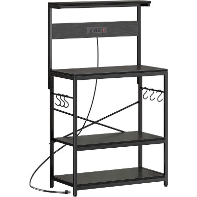 Bakers Rack with Power Outlets, Microwave Stand, 31.5 x 16.5 Inch Kitchen Storage Rack, Adjustable Shelf, 6 S-Shaped Hooks, Coffee Bar Stand, Black