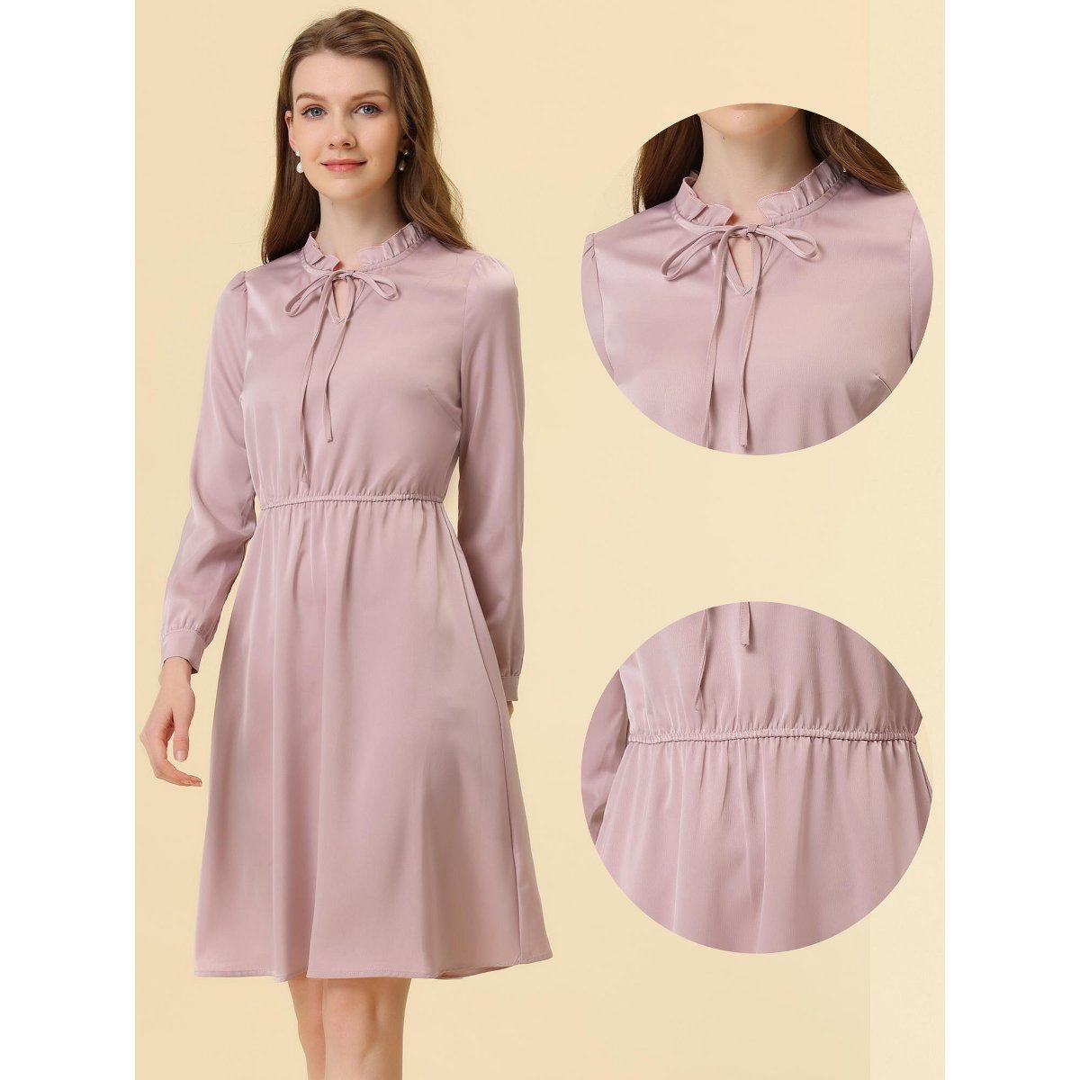 Женские платья INSPIRE CHIC Women's Tie Neck Ruffle A-line Satin Dress Medium Pink — фото 2