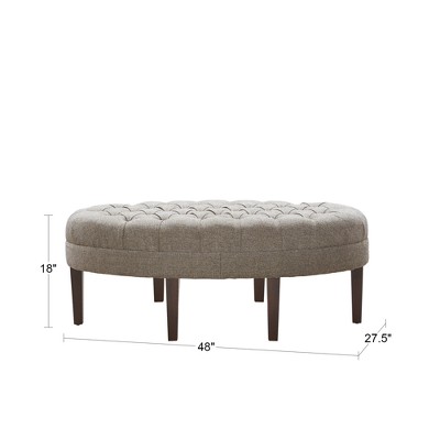 Beige Tufted Oval Ottoman with Dark Wood Legs