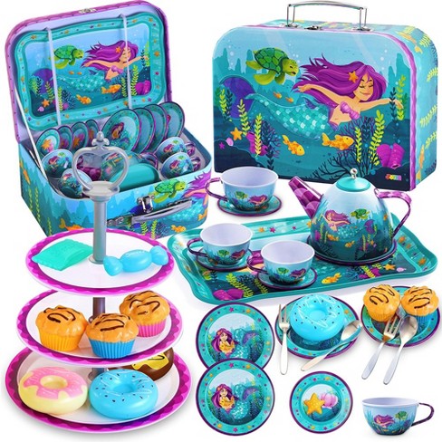 48pc Mermaid Tea Party Set for Little Girls,Birthday Gifts for Age 3 4 5 6  Year Old Girls,Pretend Tin Teapot, Cups, Plates,and Food Sweet Treats