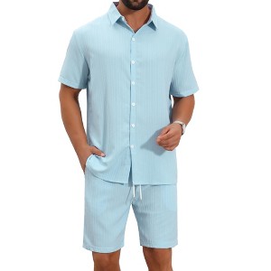 INSPIRE CHIC Men's Striped Textured Sets Short Sleeve Shirt & Shorts Outfits - 1 of 4