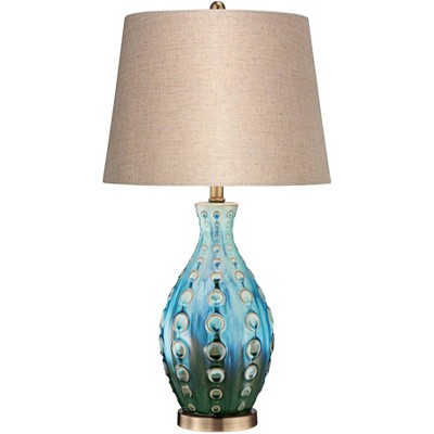 360 Lighting Mid Century Modern Table Lamp with Table Top Dimmer Teal Ceramic Tan Fabric Drum for Living Room Bedroom House Office