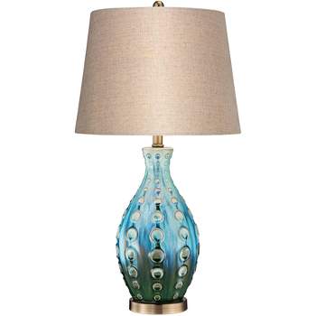 360 Lighting Mid Century Modern Table Lamp with Table Top Dimmer 26.5" High Teal Ceramic Tan Fabric Drum for Living Room Bedroom (Color May Vary)