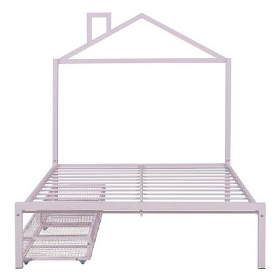 Full-Size Metal Platform Bed featuring Dual Drawers and Architectural House Headboard