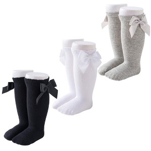 Cozyway Baby & Toddler Knee High Bow Socks, 3 Pack for Girls, White/Black/Gray, 4-6 Years Old - 1 of 4