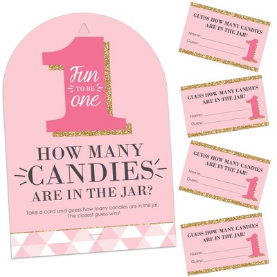 Big Dot of Happiness 1st Birthday Girl - Fun to be One - How Many Candies First Birthday Party Game - 1 Stand and 40 Cards - Candy Guessing Game