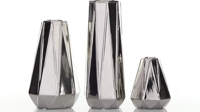 Set of 3 Glam Style Geometric Metallic Electroplated Vases Silver - CosmoLiving by Cosmopolitan, 2 of 18, play video
